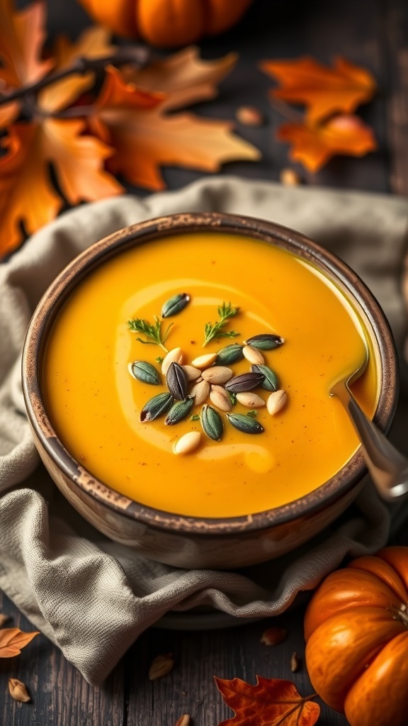 Sally A bowl of creamy pumpkin soup garnished with pumpkin seeds and herbs, set against an autumn backdrop.